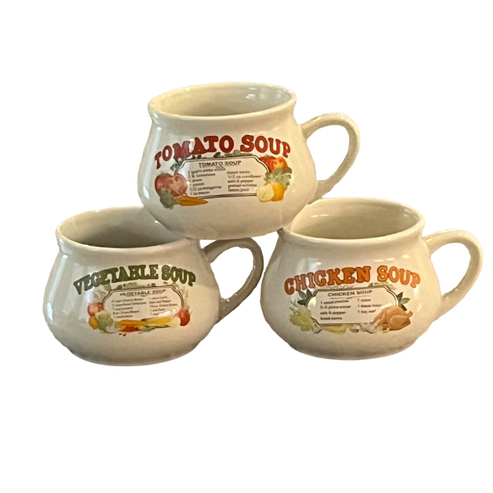 Vintage Dat'l Do-It Recipe Soup Mugs Set of 3 Chicken Tomato and Vegetable Retro